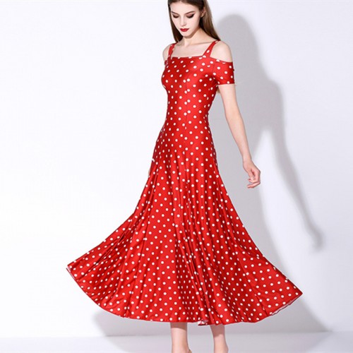 Women girls red with white polka dot ballroom dancing dresses dew shoulder short sleeves waltz tango dance wear foxtrot smooth dance long skirt gown 